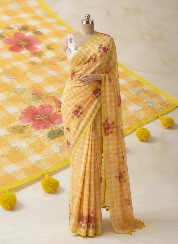 Yellow_And_White_Linen_Checkered_Floral_Saree__with_a_floral_blouse_piece_For_Women