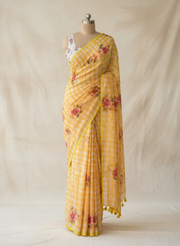 Yellow_And_White_Linen_Checkered_Floral_Saree__with_a_floral_blouse_piece_For_Women