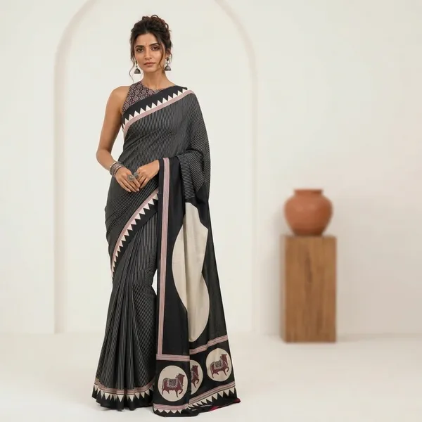 Black_Modal_Silk_Striped_Tribal_Border_Saree__With_a_Blouse_Piece_For_Women
