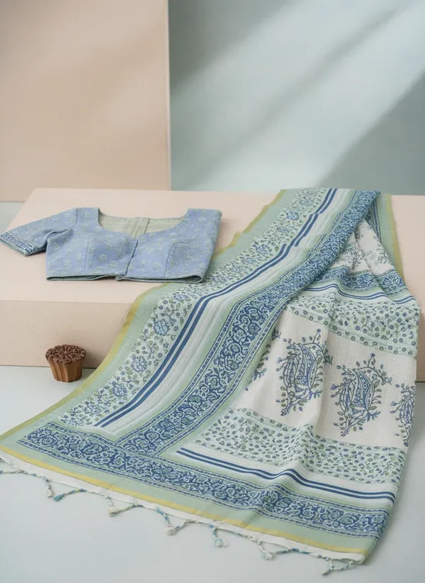 Blue_And_White_Soft_Linen_Floral_Printed_Saree_with_a_blouse_piece_For_Women