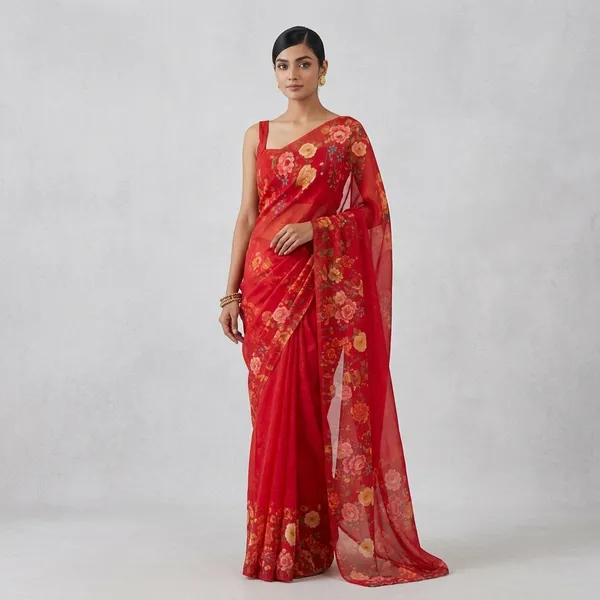 Red_Linen_Floral_Saree_With_a_Blouse__piece_For_Women