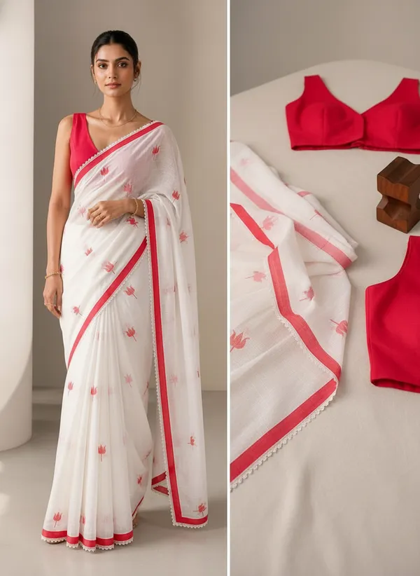 White_And_Red_Linen_Floral_Saree_With_a_Blouse_Piece_For_Women