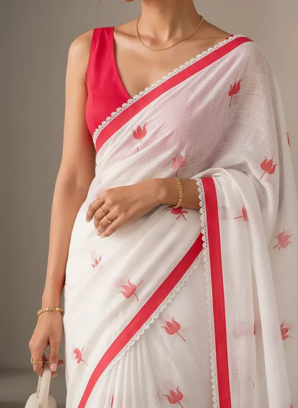 White_And_Red_Linen_Floral_Saree_With_a_Blouse_Piece_For_Women
