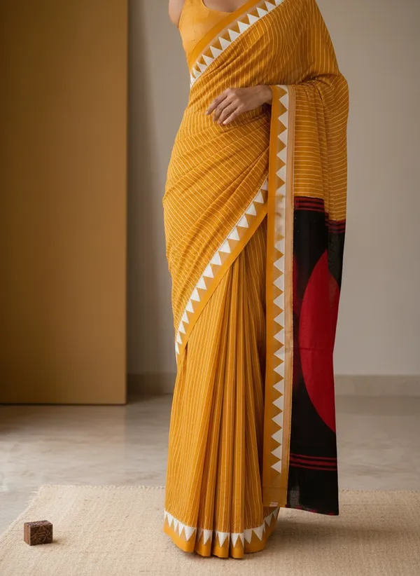 Mustard_Yellow_Modal_Silk_Striped_Temple_Border_Saree__with_a_blouse_piece_For_Women