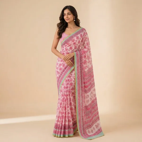 Pink_And_White_Soft_Linen_Floral_Print_Saree_With_a_blouse_piece__For_Women