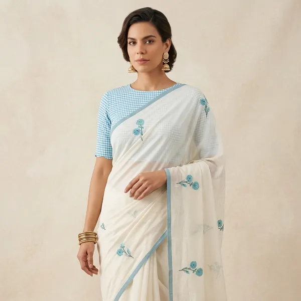 White_And_Sky_Blue_Linen_Bird_Saree_With_a_Blouse__piece_For_Women