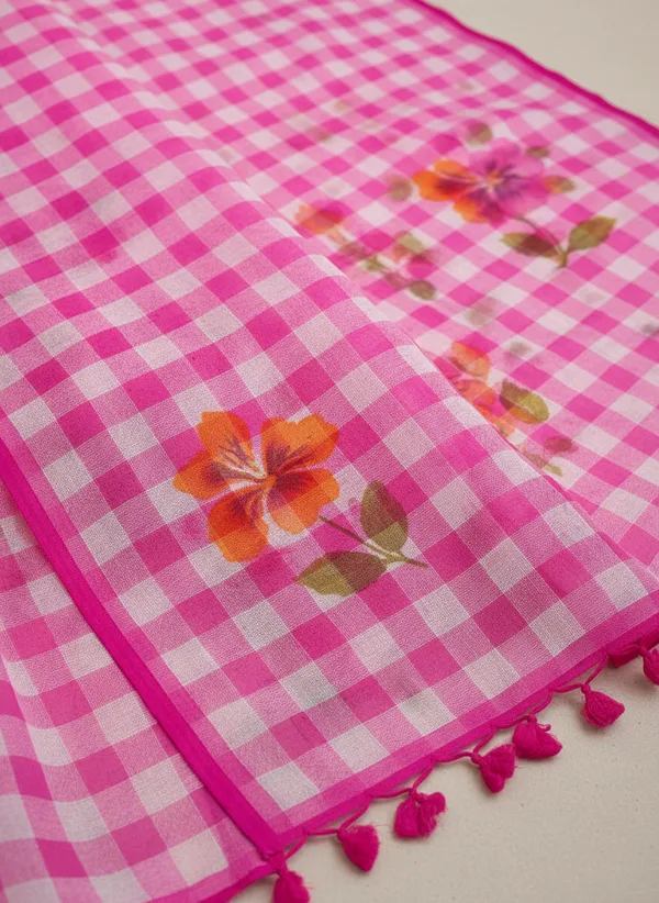 Pink_Linen_Checkered_Floral_Saree_With_a_Blouse_Piece_For_Women