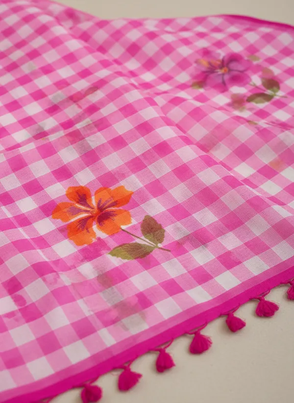 Pink_Linen_Checkered_Floral_Saree_With_a_Blouse_Piece_For_Women