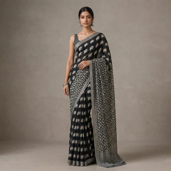 Black_And_Grey_Linen_Elephant_Print_Saree_With_a_Blouse_Piece_For_Women