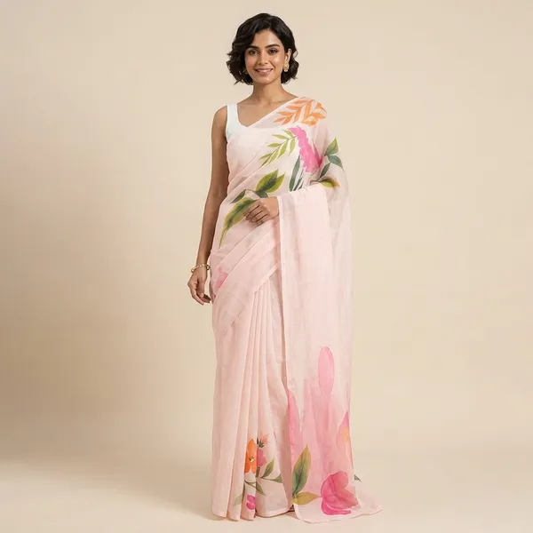 Pink_And_White_linen_Floral_Saree_With_a_Blouse_Piece_For_Women