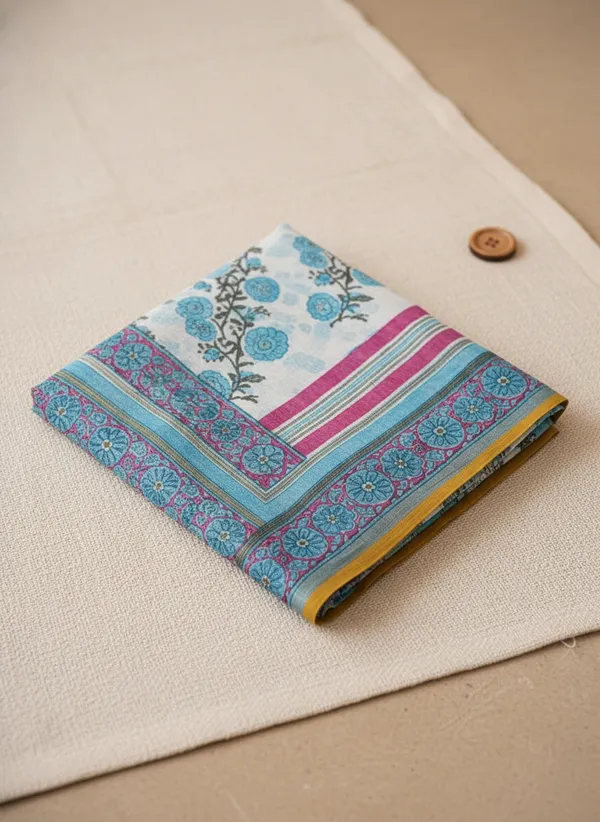 Blue_And_White_Soft_Linen_Floral_Print_Saree_with_a_blouse_piece_For_Women