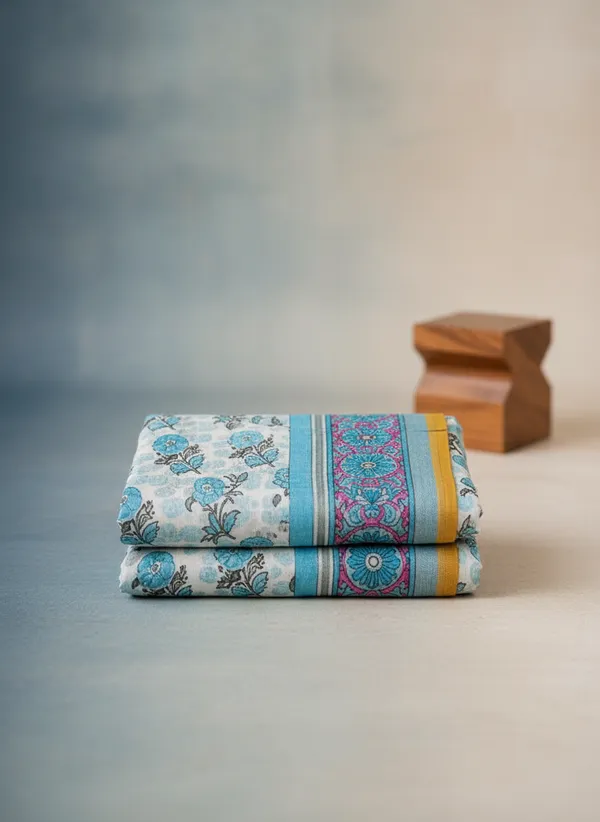Blue_And_White_Soft_Linen_Floral_Print_Saree_with_a_blouse_piece_For_Women