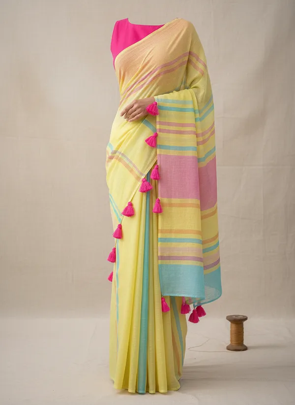 Yellow_Linen_Striped_Border_Saree_With_a_Blouse_Piece_For_Women