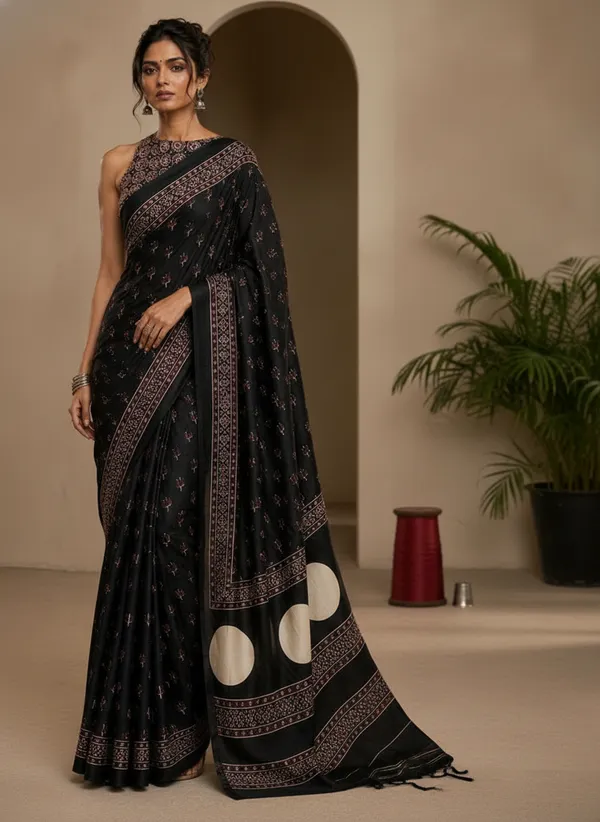 Black_Modal_Silk_Floral_Saree_With_a_Blouse_Piece_For_Women