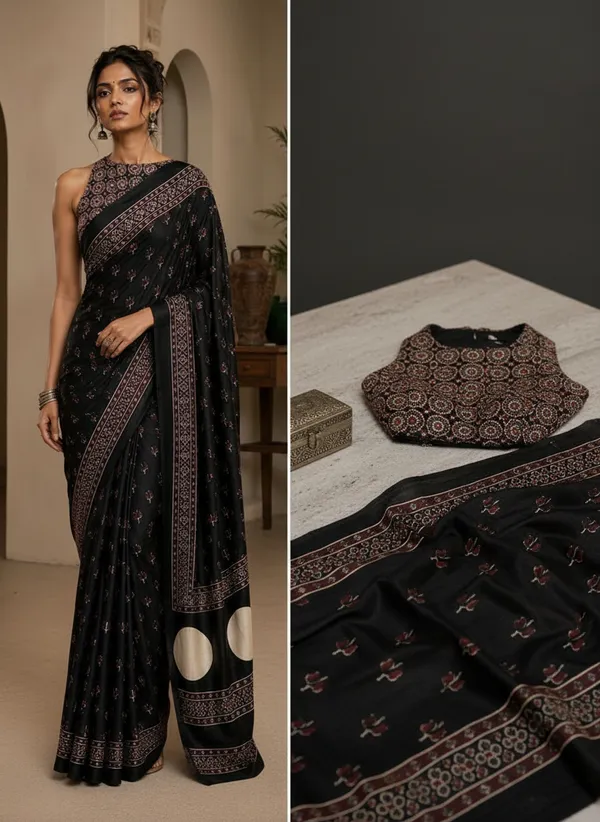 Black_Modal_Silk_Floral_Saree_With_a_Blouse_Piece_For_Women