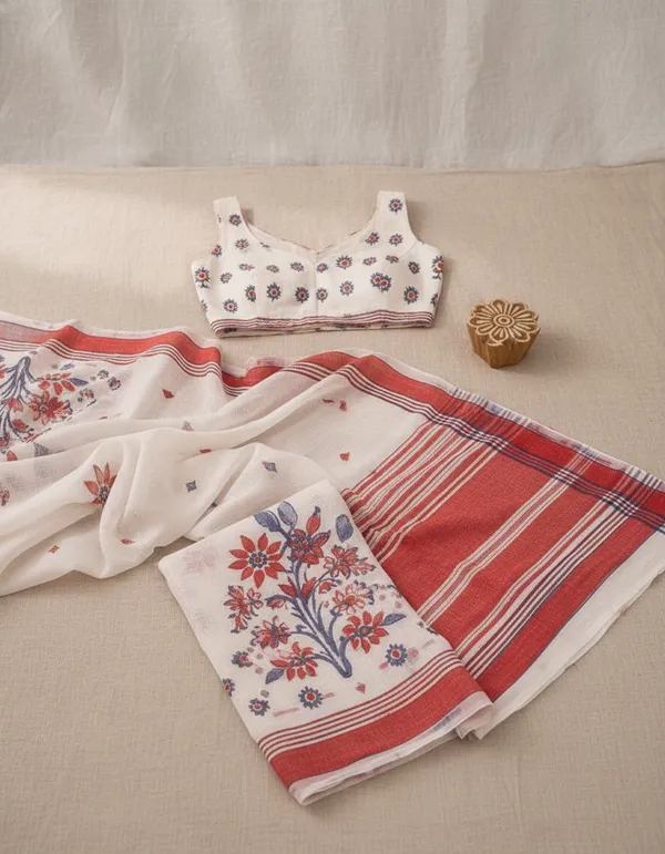 White_And_Red_Linen_Floral_Saree_With_a_Blouse_Piece_For_Women