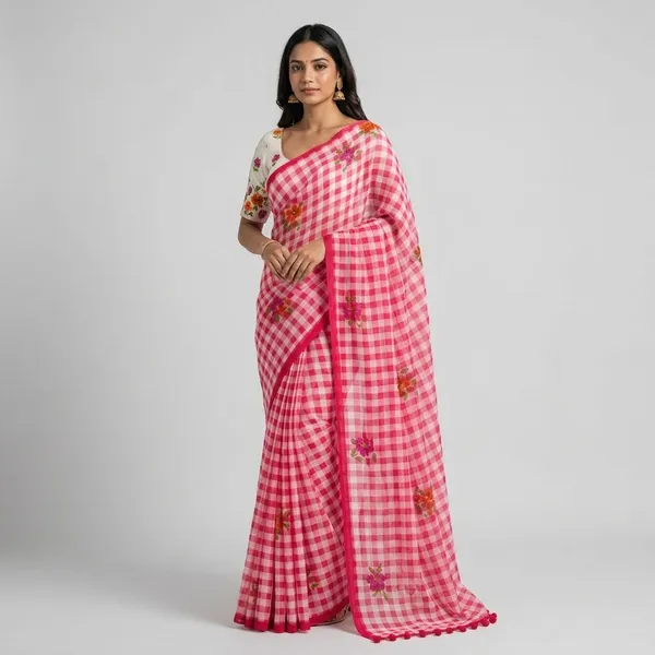 Pink_And_White_Linen__Check_Floral_Saree_With_a_Blouse_Piece_For_Women