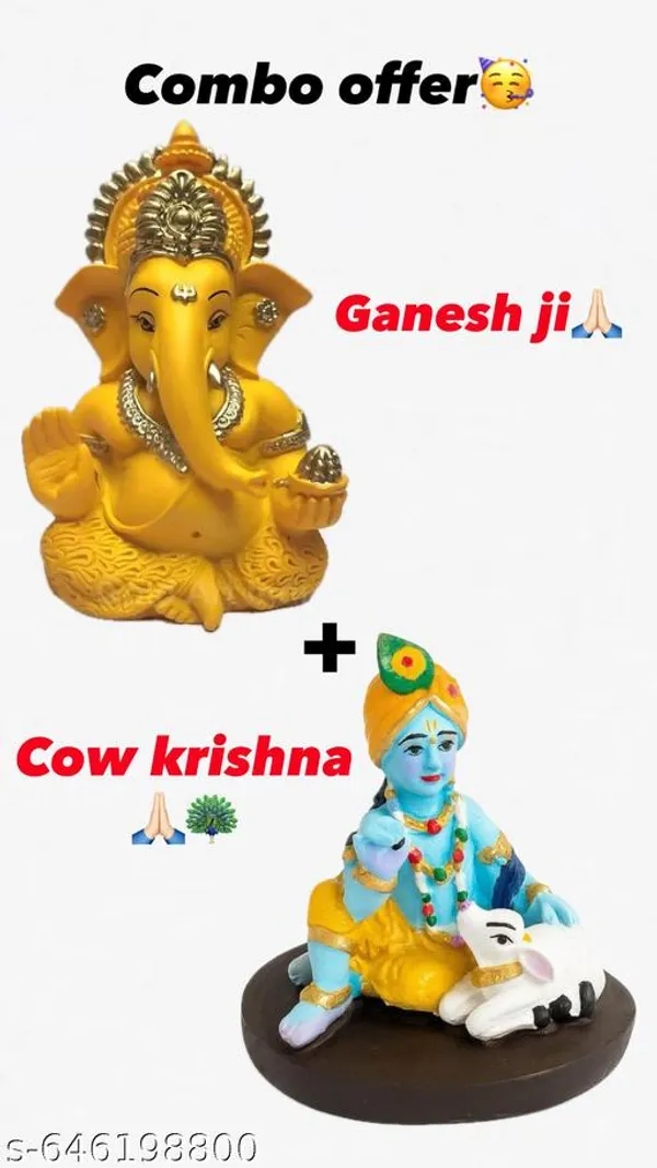 Combo_Ganesh_Ji_Cow_Krishna_Idol_Set_Yellow_Lord_Ganesha_And_Bal_Krishna_With_Cow_Murti_For_Home_Temple_Car_Dashboard_Spiritual_Gift_Decor