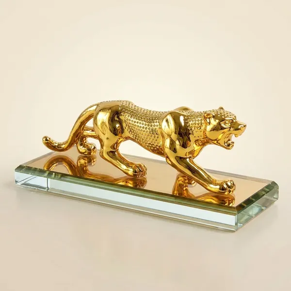 Golden_Prowling_Leopard_Jaguar_Ornament_On_Glass_Base
