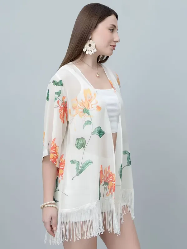 Women'S_Floral_Print_Shrug_With_Fringe_Detail_-_White_Base_With_Orange_And_Green_Flowers