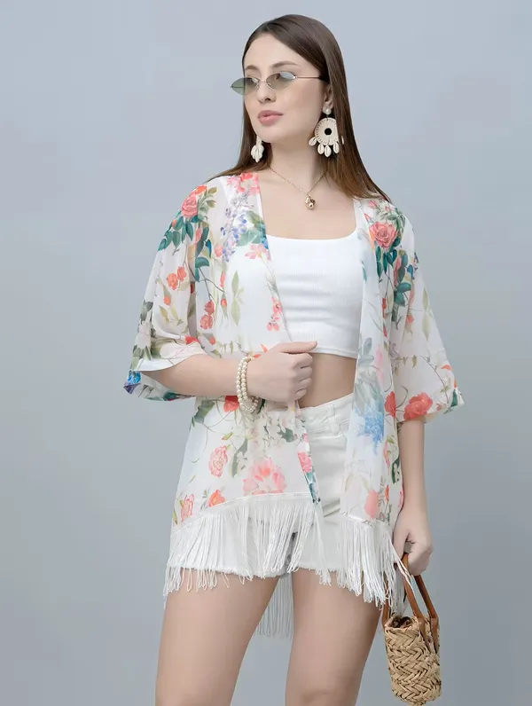 Women'S_Floral_Print_Kimono_Shrug_With_Fringe_Detailing_-_White