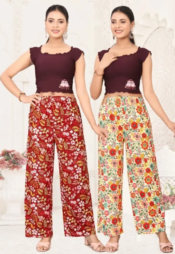 Red_And_Multicolor_Floral_Print_Wide_Leg_Palazzo_Pants_With_Maroon_Crop_Top_Set_(Pack_Of_2)