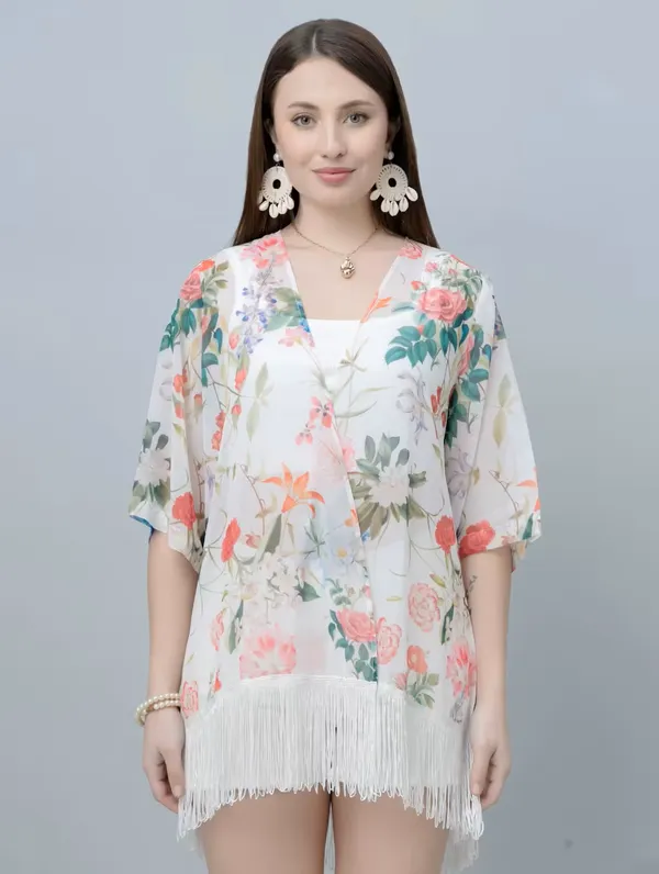 Women'S_Floral_Print_Kimono_Shrug_With_Fringe_Detailing_-_White