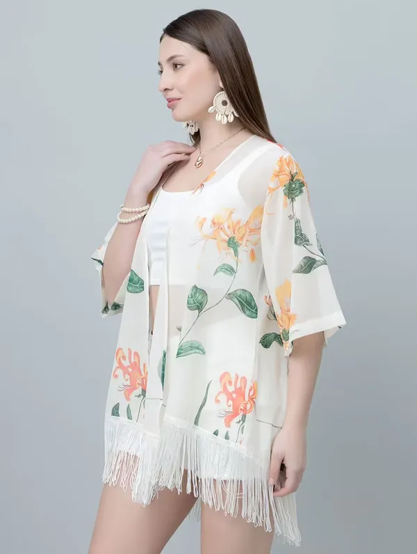 Women'S_Floral_Print_Shrug_With_Fringe_Detail_-_White_Base_With_Orange_And_Green_Flowers
