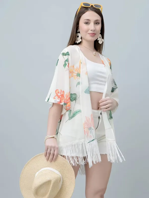 Women'S_Floral_Print_Shrug_With_Fringe_Detail_-_White_Base_With_Orange_And_Green_Flowers
