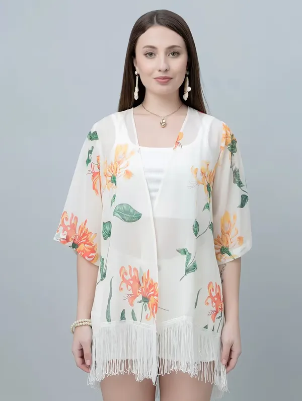 Women'S_Floral_Print_Shrug_With_Fringe_Detail_-_White_Base_With_Orange_And_Green_Flowers