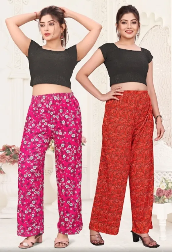 Pink_And_Red_Floral_Printed_Wide_Leg_Palazzo_Pants_For_Women_(Pack_Of_2)