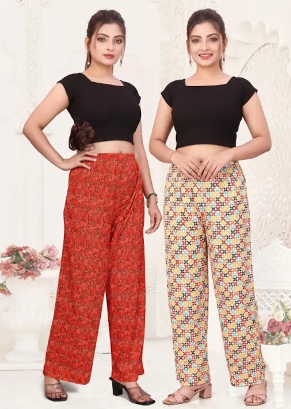 Red_Printed_And_Multicolor_Palazzo_Pants_With_Elastic_Waist_(Pack_Of_2)
