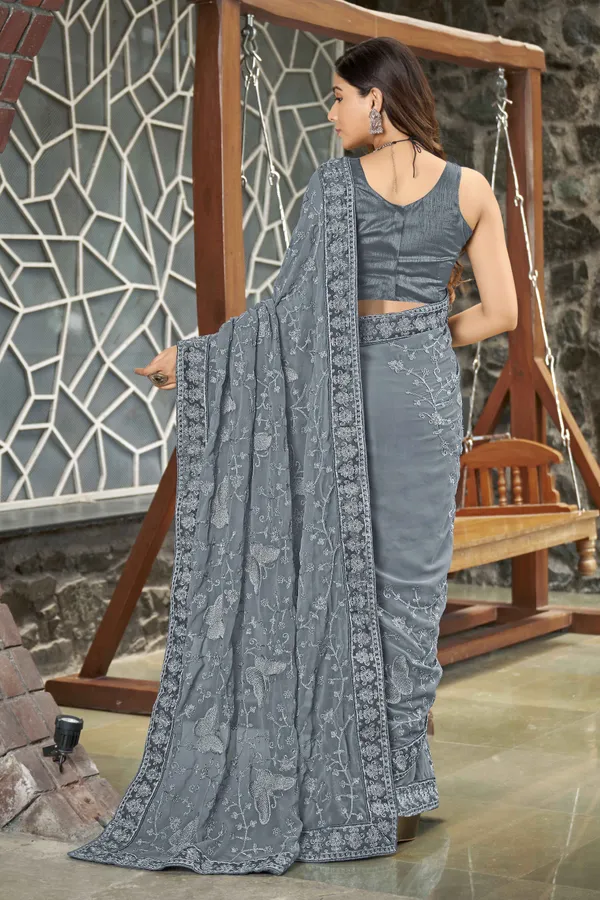 MANOHARI_Georgette_Embellished_Grey_sari_for_women_with_Blouse_Piece