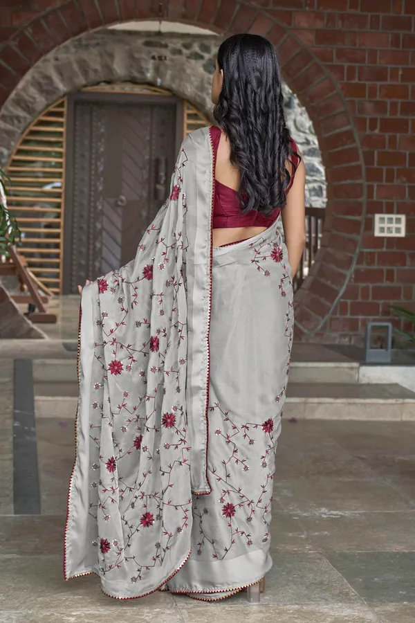 MANOHARI_Grey_Poly_Georgette_Sequence_And_Embroidery_Saree_With_Blouse_Piece
