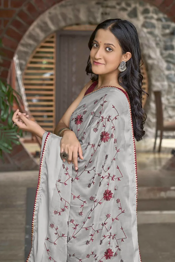MANOHARI_Grey_Poly_Georgette_Sequence_And_Embroidery_Saree_With_Blouse_Piece