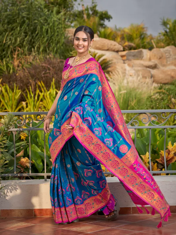 Manohari_Womens_Most_Trendy_Banarasi_Woven_Blue_With_Pink_Saree_With_Heavy_Jacquard_Work_Saree_With_Blouse_Piece