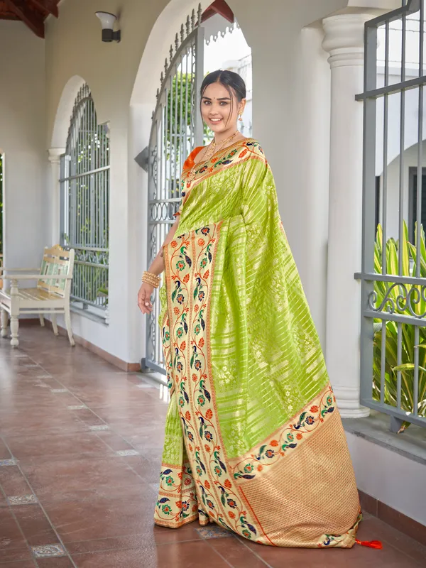 Manohari_Womens_Most_Trendy_Banarasi_Woven_Green_With_Orange_Saree_With_Heavy_Jacquard_Work_Saree_With_Blouse_Piece