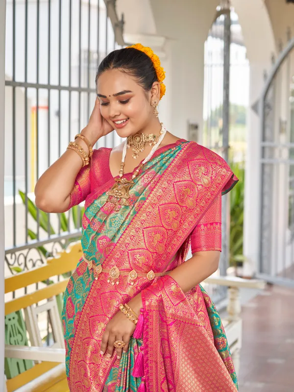 Manohari_Womens_Most_Trendy_Banarasi_Woven_Blue_With_Pink_Saree_With_Heavy_Jacquard_Work_Saree_With_Blouse_Piece