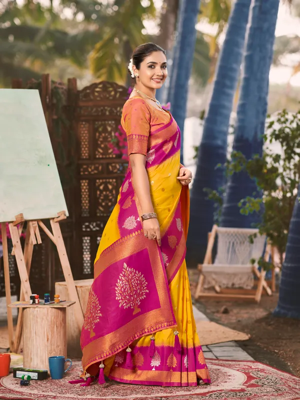 Manohari_Womens_Most_Trendy_Banarasi_Soft_Silk_Woven_Yellow_And_Pink_Saree_With_Heavy_Jacquard_Work_Saree_With_Pink_Blouse_Piece