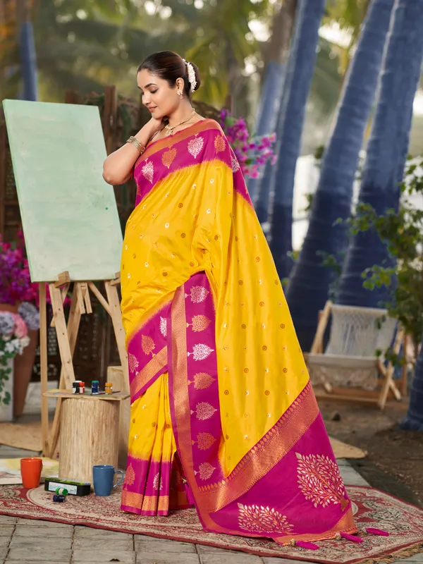 Manohari_Womens_Most_Trendy_Banarasi_Soft_Silk_Woven_Yellow_And_Pink_Saree_With_Heavy_Jacquard_Work_Saree_With_Pink_Blouse_Piece