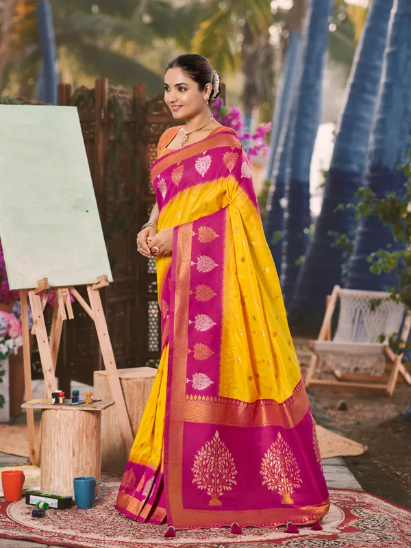 Manohari_Womens_Most_Trendy_Banarasi_Soft_Silk_Woven_Yellow_And_Pink_Saree_With_Heavy_Jacquard_Work_Saree_With_Pink_Blouse_Piece