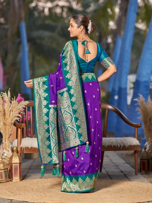 Manohari_Womens_Trendy_Banarasi_Silk_Woven_Purple_And_Turquoise_Blue_Saree_With_Heavy_Jacquard_Work_Saree_With_Blue_Blouse_Piece