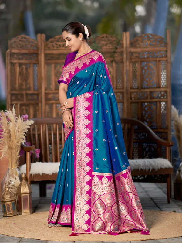 Manohari_Womens_Trendy_Banarasi_Silk_Woven_Blue_And_Pink_Saree_With_Heavy_Jacquard_Work_Saree_With_Purple_Blouse_Piece