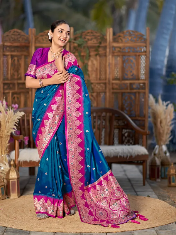 Manohari_Womens_Trendy_Banarasi_Silk_Woven_Blue_And_Pink_Saree_With_Heavy_Jacquard_Work_Saree_With_Purple_Blouse_Piece
