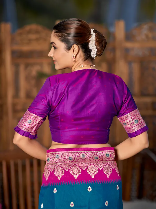 Manohari_Womens_Trendy_Banarasi_Silk_Woven_Blue_And_Pink_Saree_With_Heavy_Jacquard_Work_Saree_With_Purple_Blouse_Piece