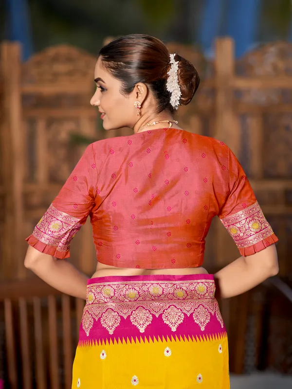 Manohari_Womens_Trendy_Banarasi_Silk_Woven_Yellow_And_Pink_Saree_With_Heavy_Jacquard_Work_Saree_With_Orange_Blouse_Piece