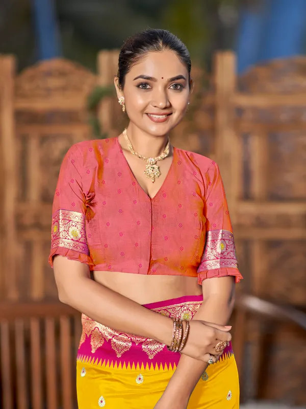 Manohari_Womens_Trendy_Banarasi_Silk_Woven_Yellow_And_Pink_Saree_With_Heavy_Jacquard_Work_Saree_With_Orange_Blouse_Piece