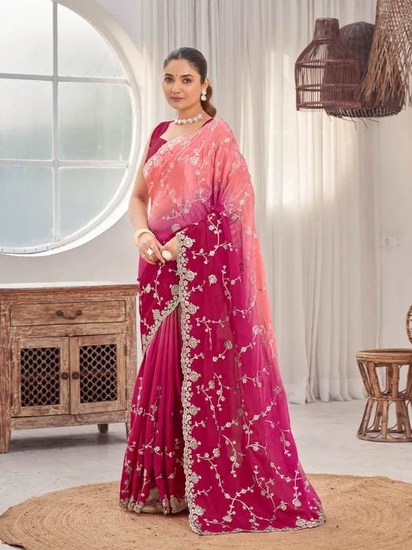 Manohari_Womens_Heavy_Embroidered_Moss_Chiffon_Dual_Tone_Pink_And_Peach_Color_Padding_Saree_For_Women_|_Ethnic_Wedding_Wear_Saree_With_Blouse_Piece_|_Party_Wear_Dual_Color_Saree