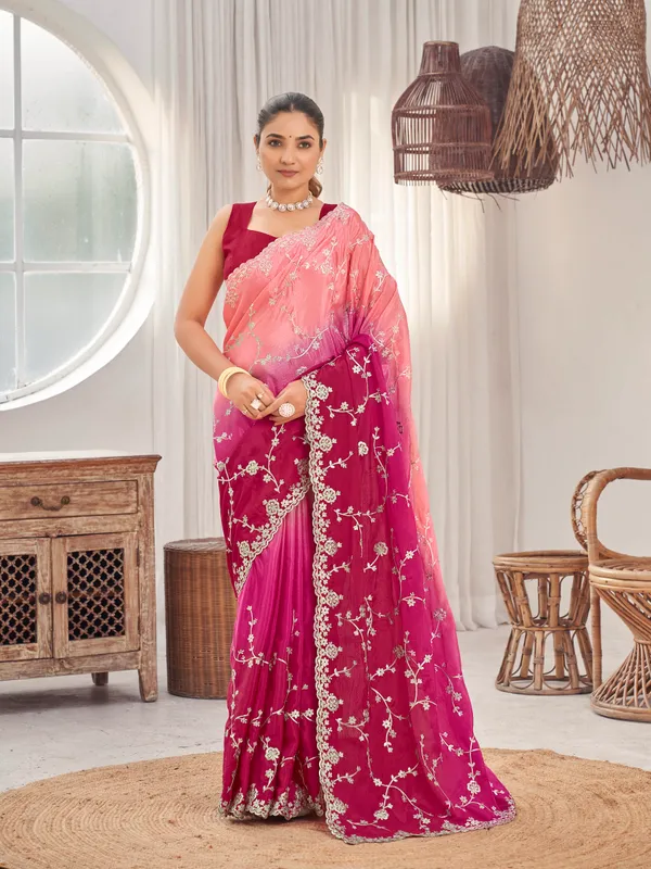 Manohari_Womens_Heavy_Embroidered_Moss_Chiffon_Dual_Tone_Pink_And_Peach_Color_Padding_Saree_For_Women_|_Ethnic_Wedding_Wear_Saree_With_Blouse_Piece_|_Party_Wear_Dual_Color_Saree