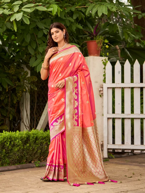 Manohari_Womens_Most_Trendy_Banarasi_Satin_Silk_Woven_Coral_Orange_Animal_Design_Pattern_Pattern_Saree_With_Heavy_Jacquard_Work_Saree_With_Blouse_Piece